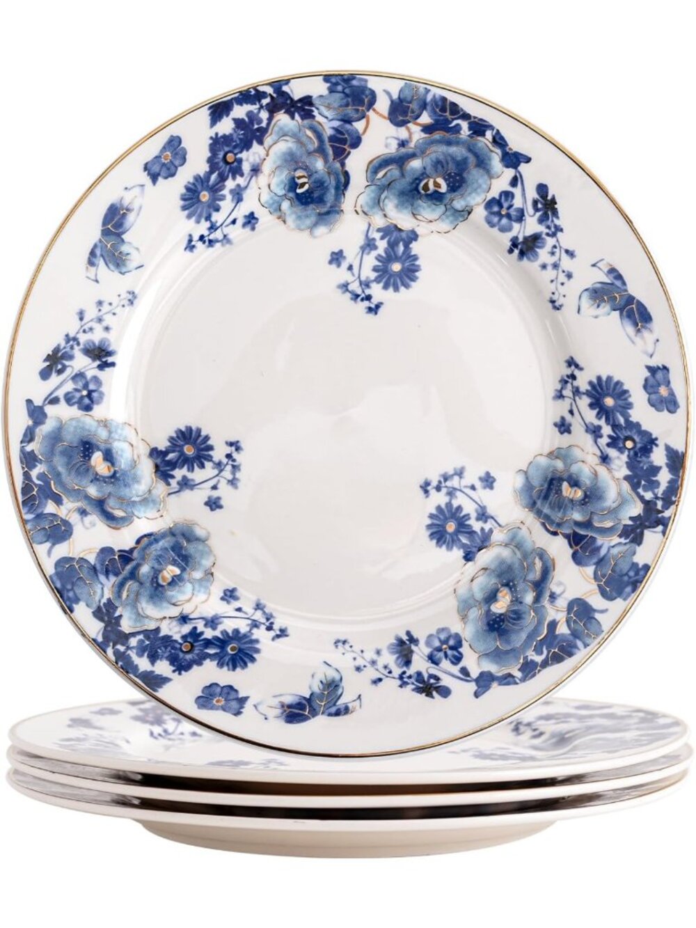 Floral Porcelain Plates Set of 4 - 8in Round Appetizer & Dessert Dishes, Blue